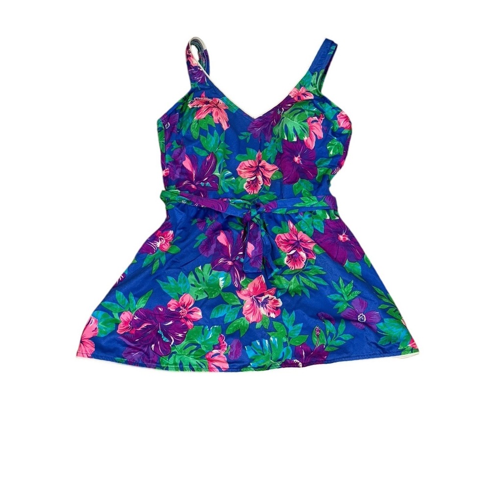 Vtg 80s Maxine of Hollywood Floral Swim Dress Blue Pink Tropical One Piece 14 US
